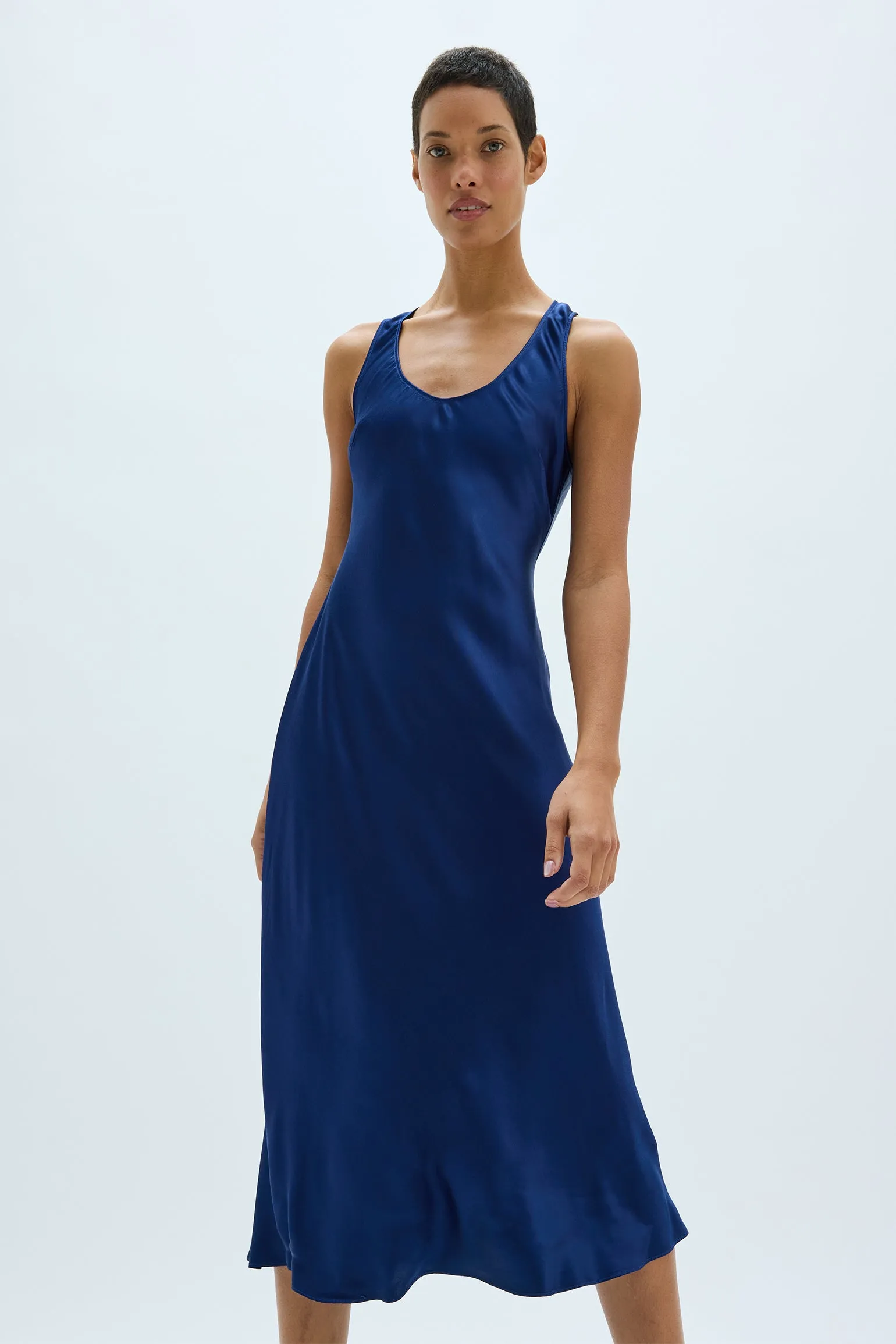 Pebble Satin Navy Valentina Midi Dress