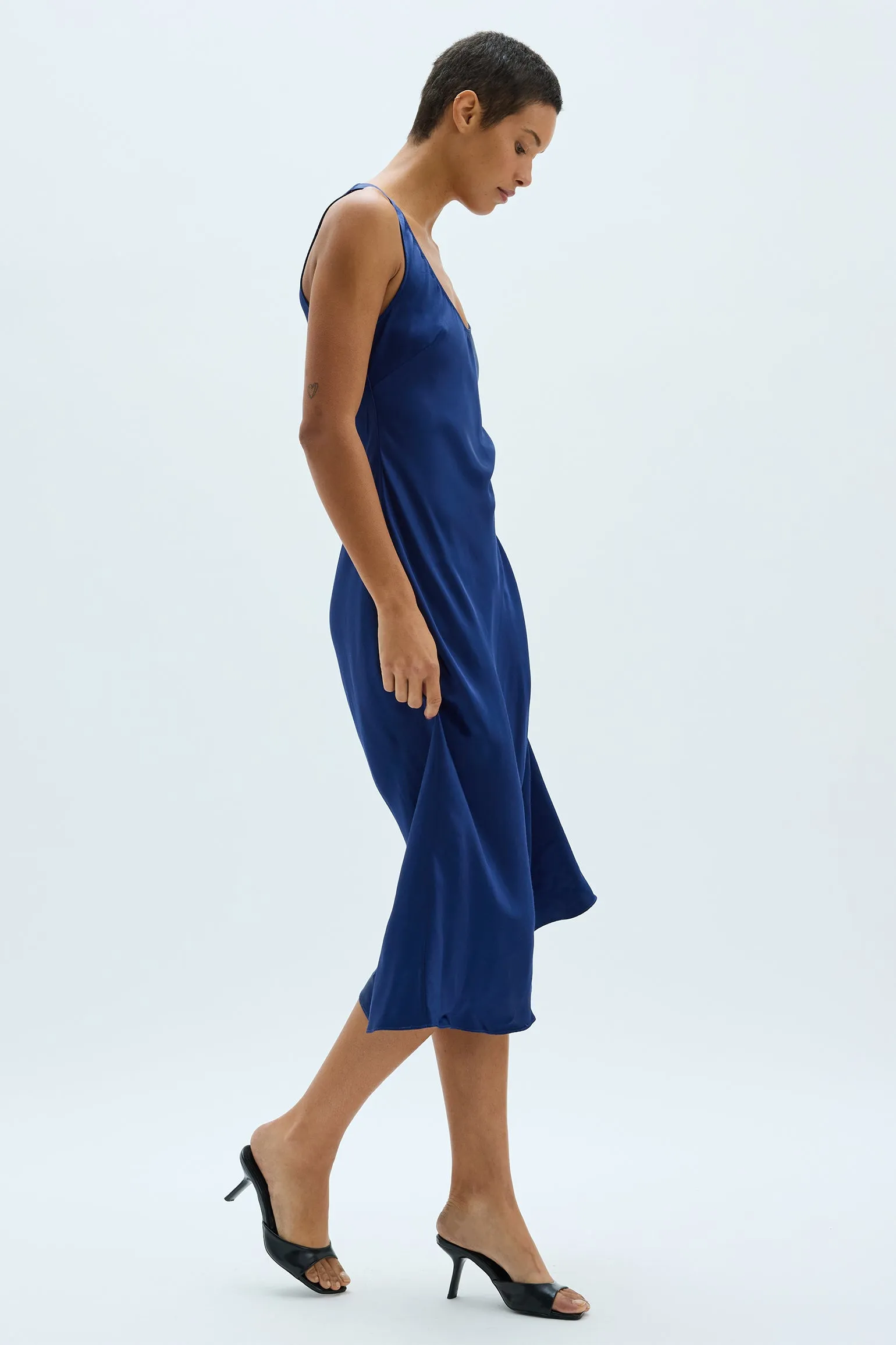 Pebble Satin Navy Valentina Midi Dress