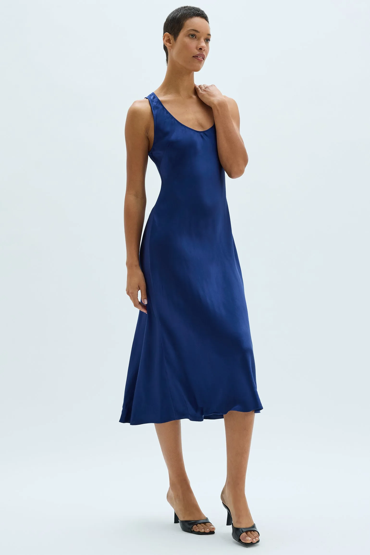 Pebble Satin Navy Valentina Midi Dress