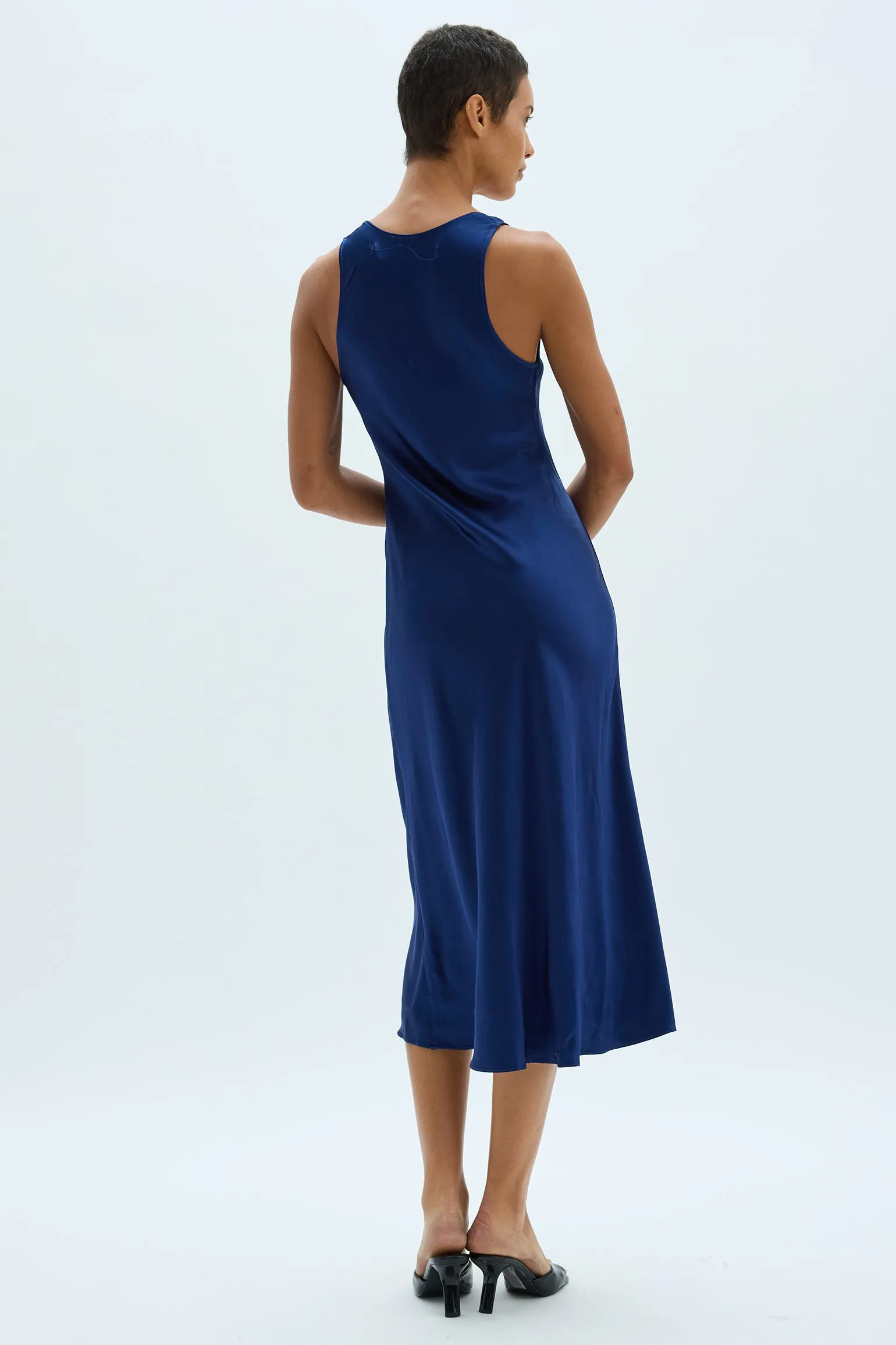 Pebble Satin Navy Valentina Midi Dress