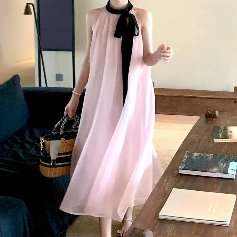 Pink Sleeveless Bow Halter Neck Cami Dress