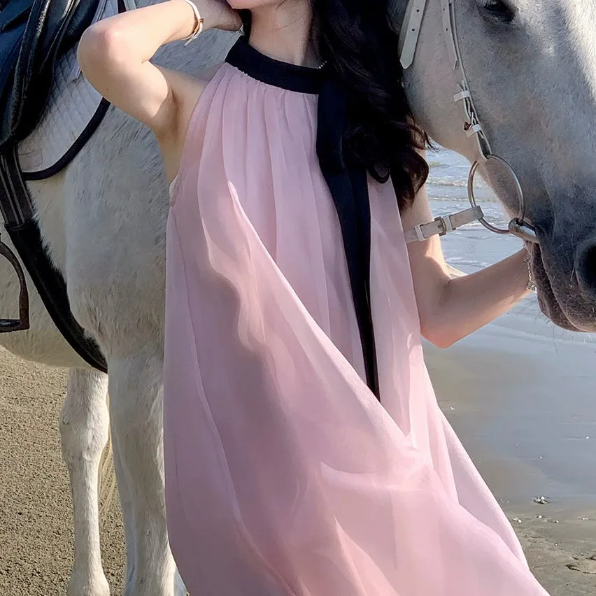 Pink Sleeveless Bow Halter Neck Cami Dress