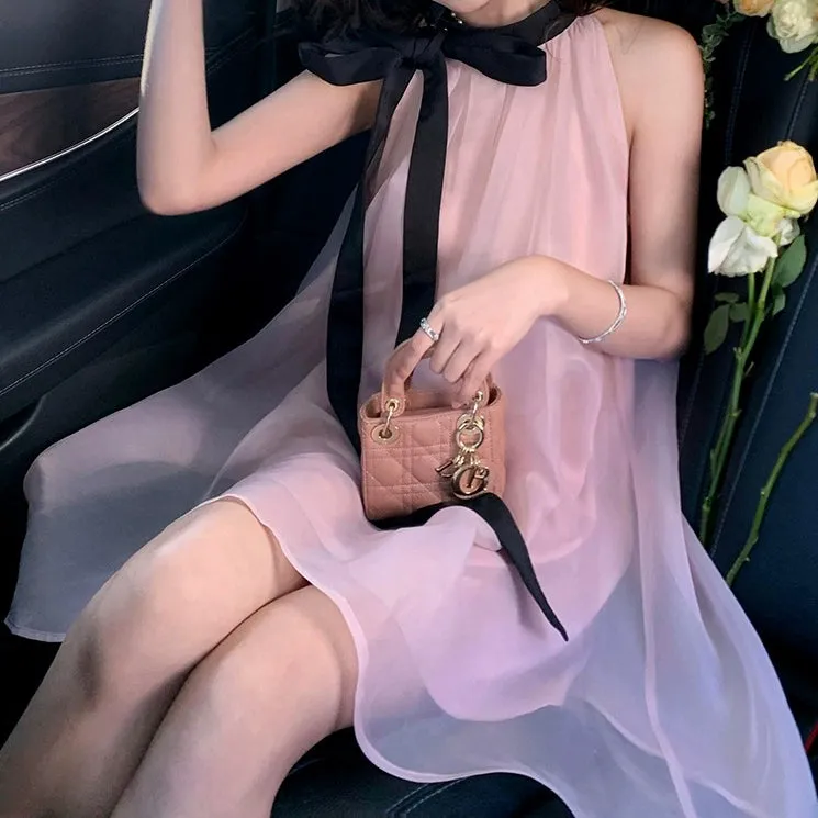 Pink Sleeveless Bow Halter Neck Cami Dress