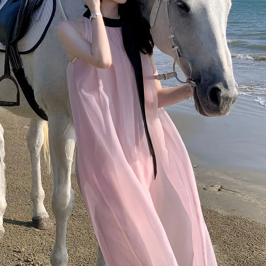Pink Sleeveless Bow Halter Neck Cami Dress