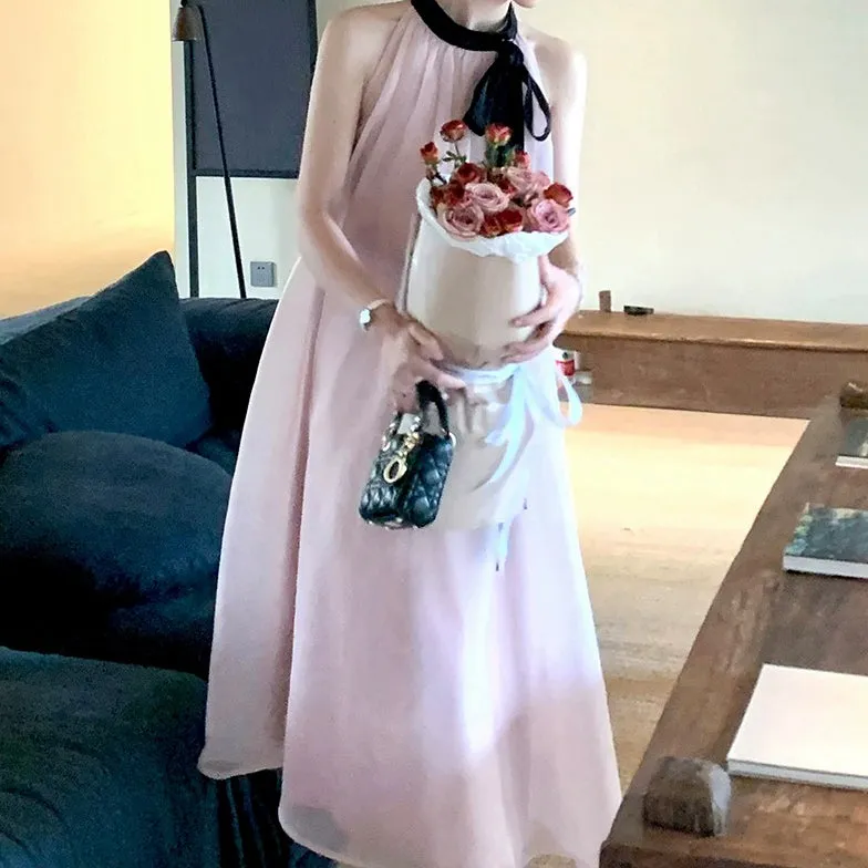 Pink Sleeveless Bow Halter Neck Cami Dress
