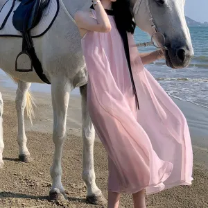 Pink Sleeveless Bow Halter Neck Cami Dress