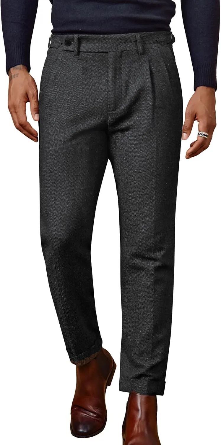PJ PAUL JONES Men Vintage Tweed Pants Herringbone Pleated Suit Trousers