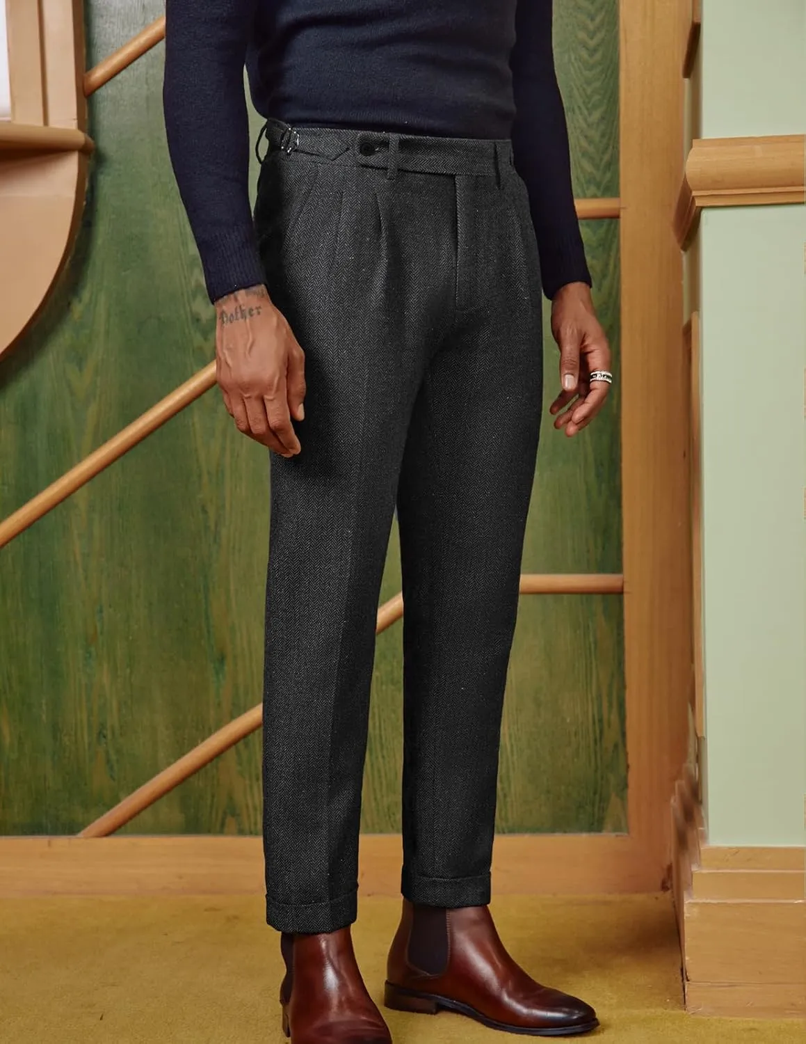 PJ PAUL JONES Men Vintage Tweed Pants Herringbone Pleated Suit Trousers