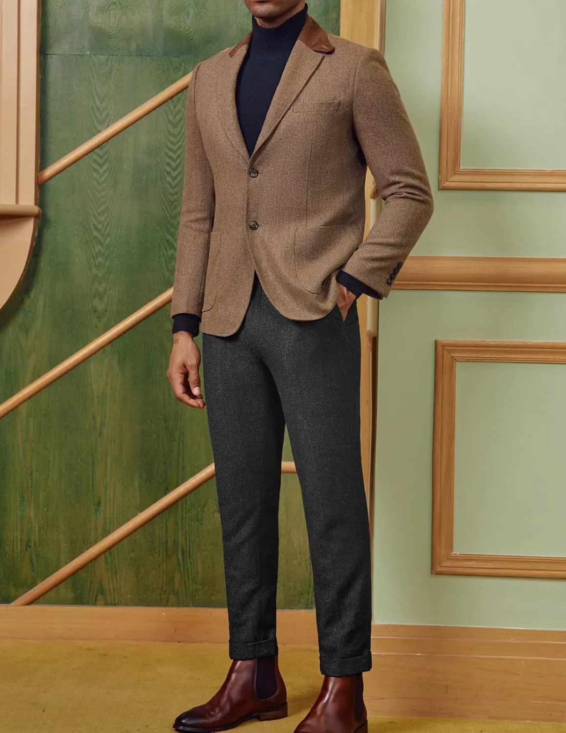 PJ PAUL JONES Men Vintage Tweed Pants Herringbone Pleated Suit Trousers