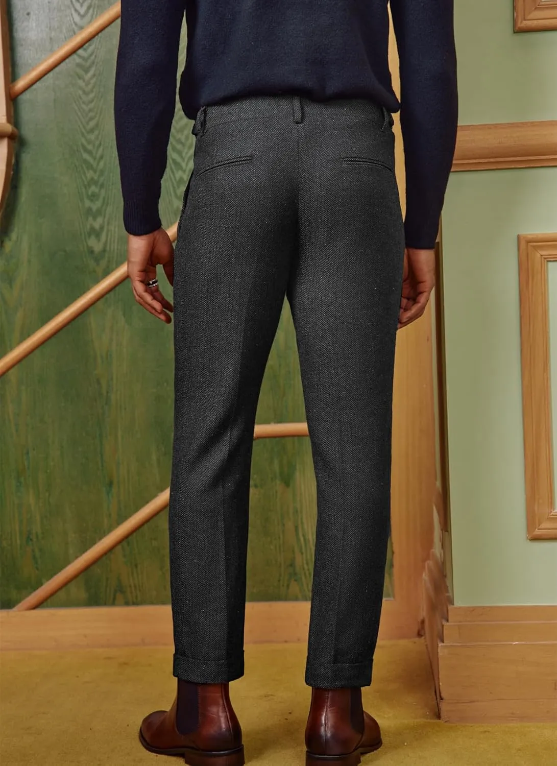 PJ PAUL JONES Men Vintage Tweed Pants Herringbone Pleated Suit Trousers