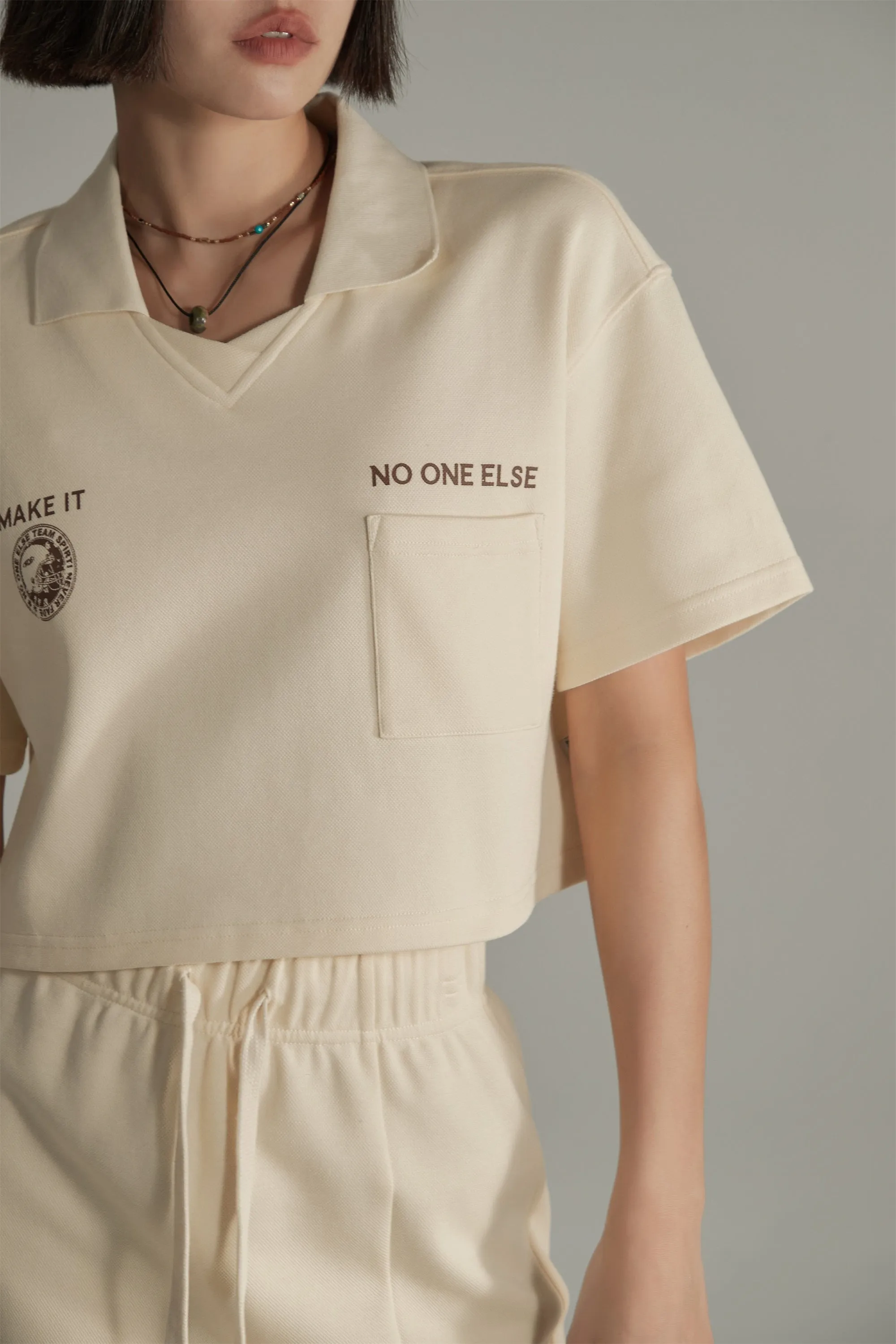 Poplo Neck Crop Short-Sleeves Sweatshirt