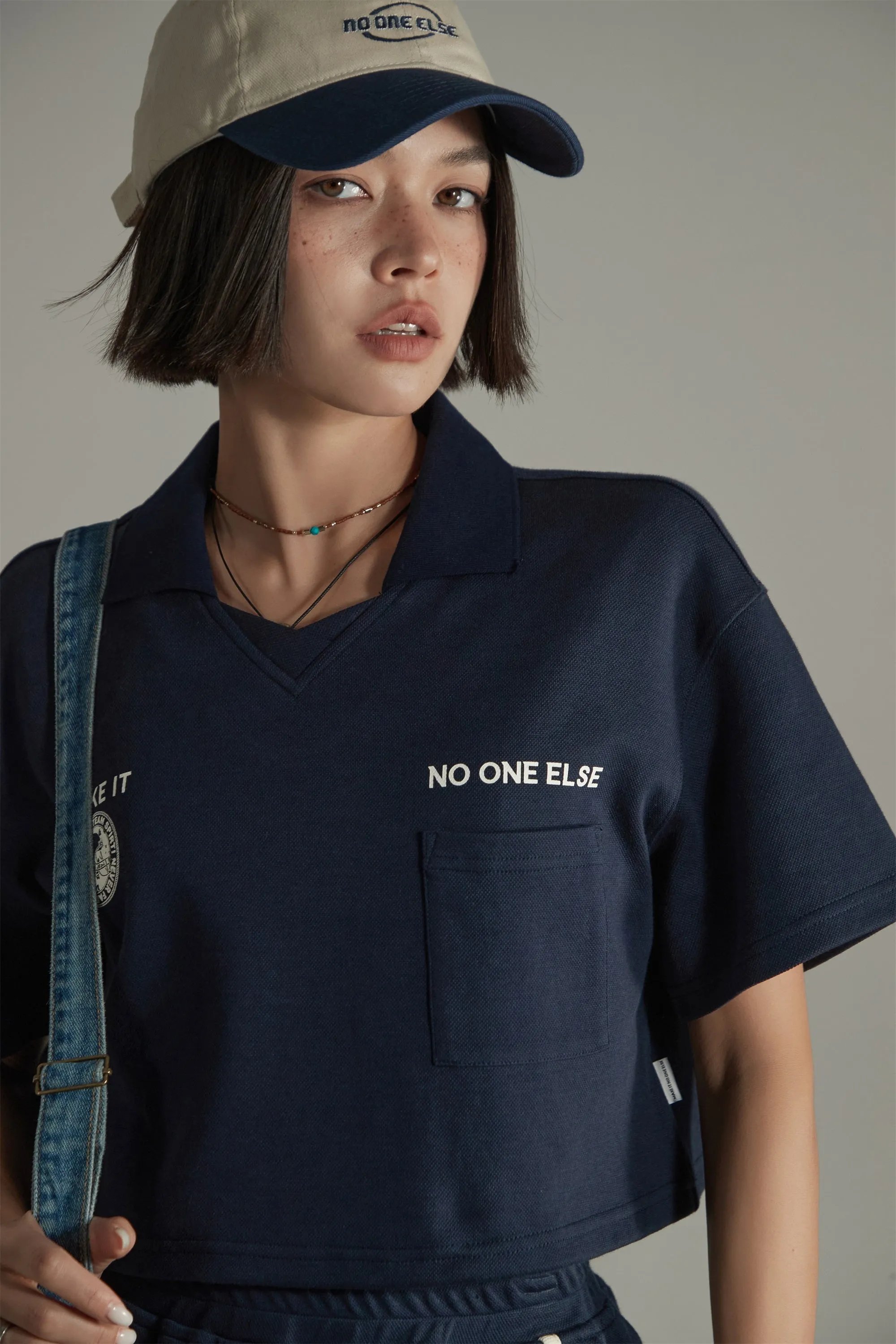 Poplo Neck Crop Short-Sleeves Sweatshirt