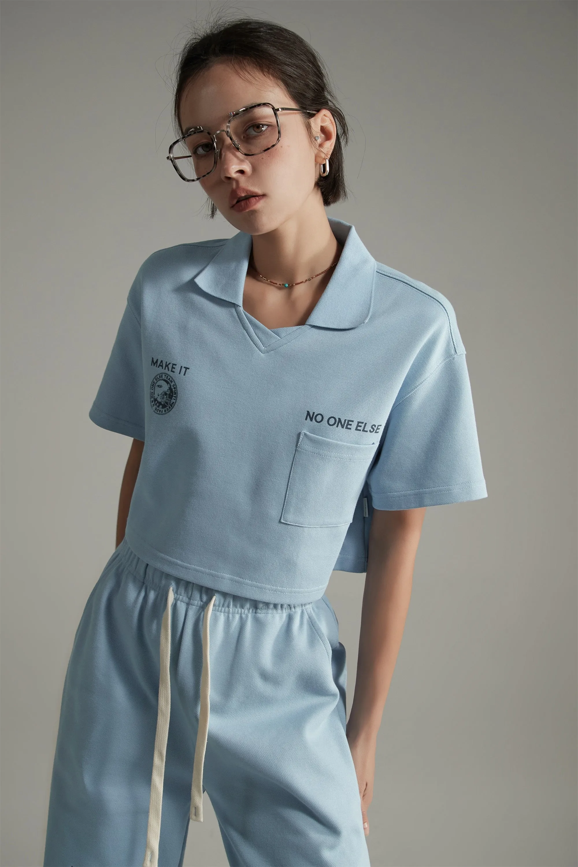 Poplo Neck Crop Short-Sleeves Sweatshirt