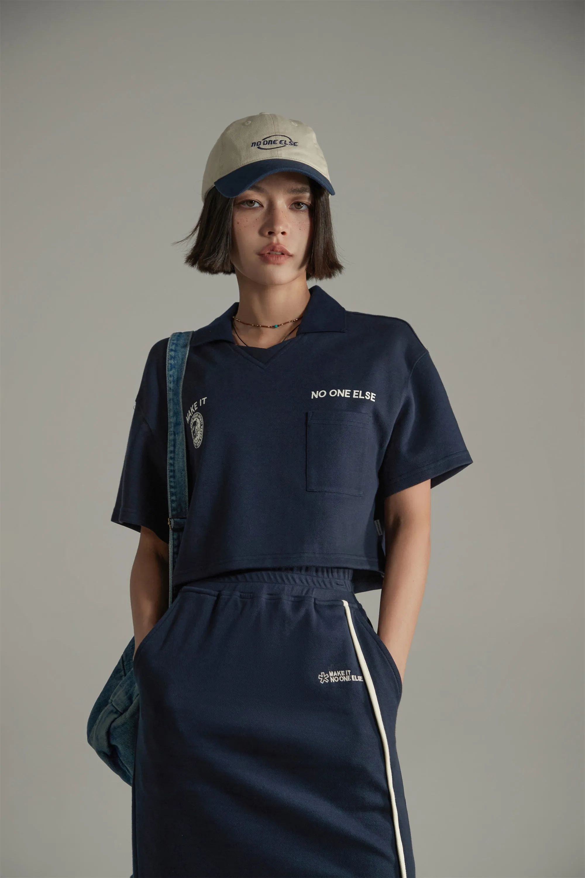 Poplo Neck Crop Short-Sleeves Sweatshirt