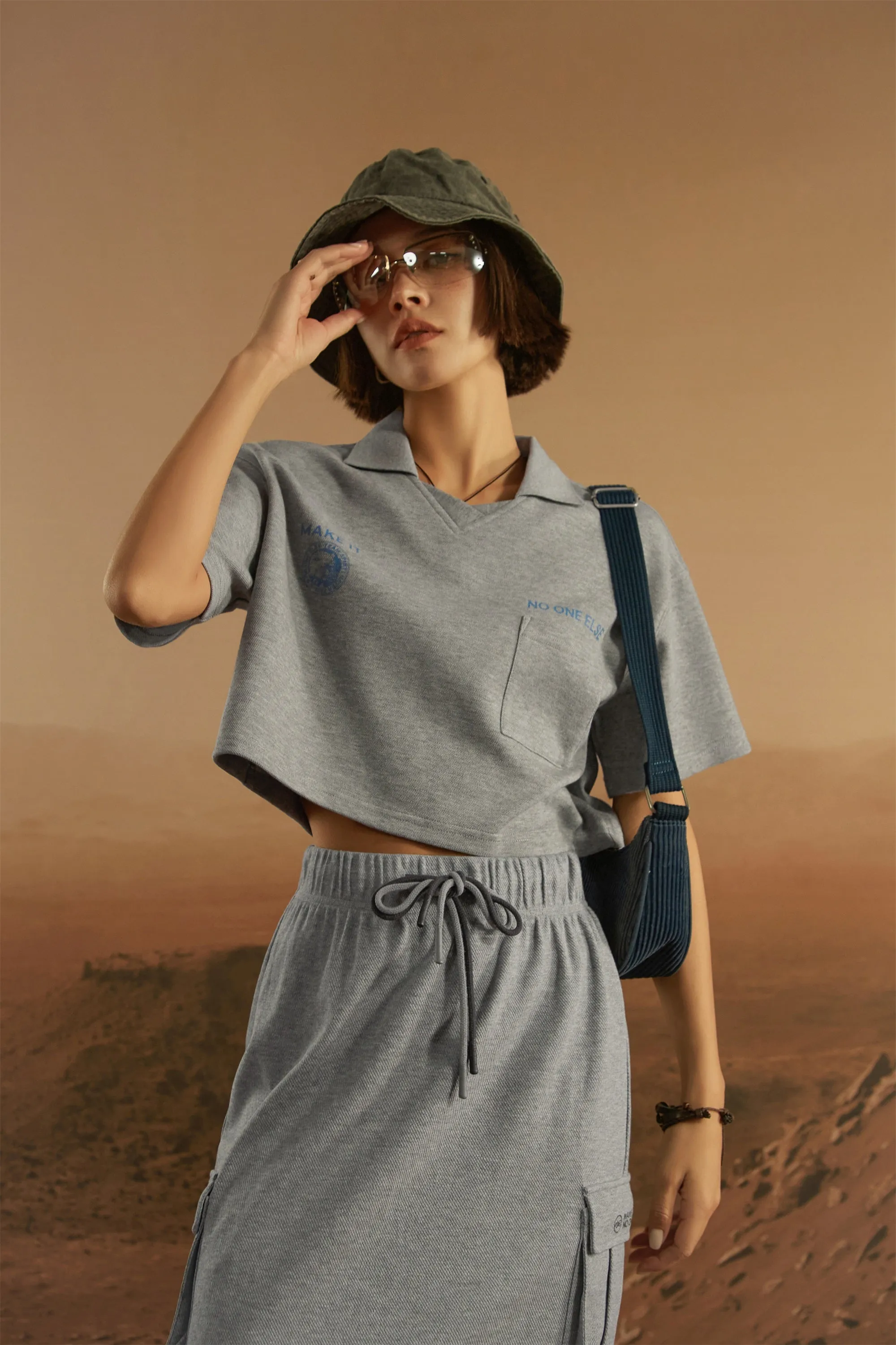 Poplo Neck Crop Short-Sleeves Sweatshirt