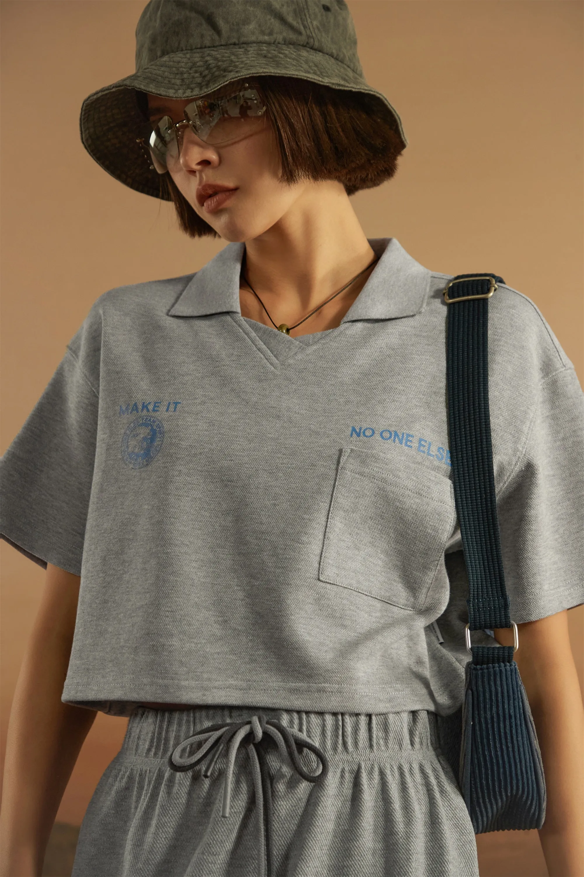 Poplo Neck Crop Short-Sleeves Sweatshirt