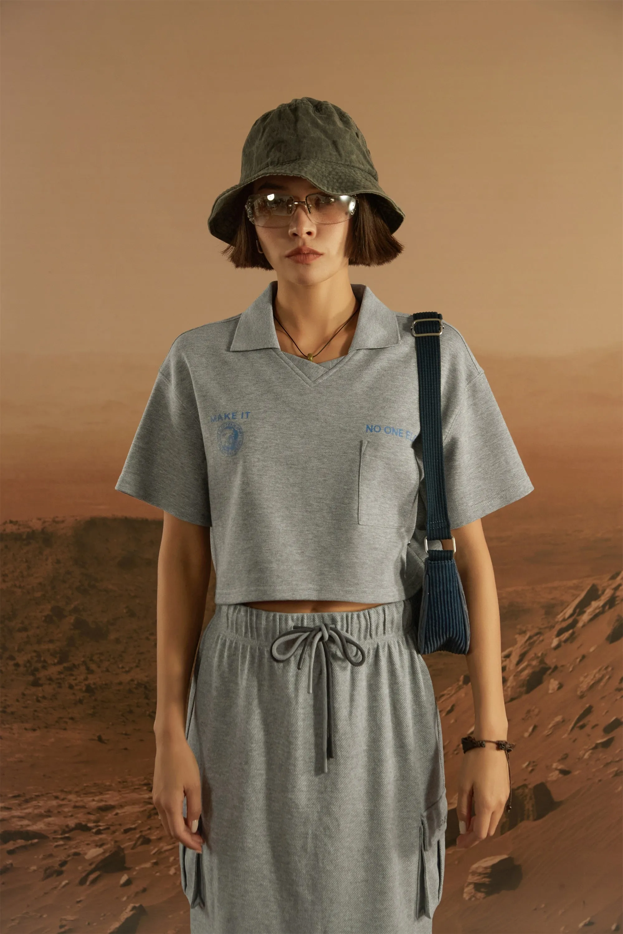 Poplo Neck Crop Short-Sleeves Sweatshirt