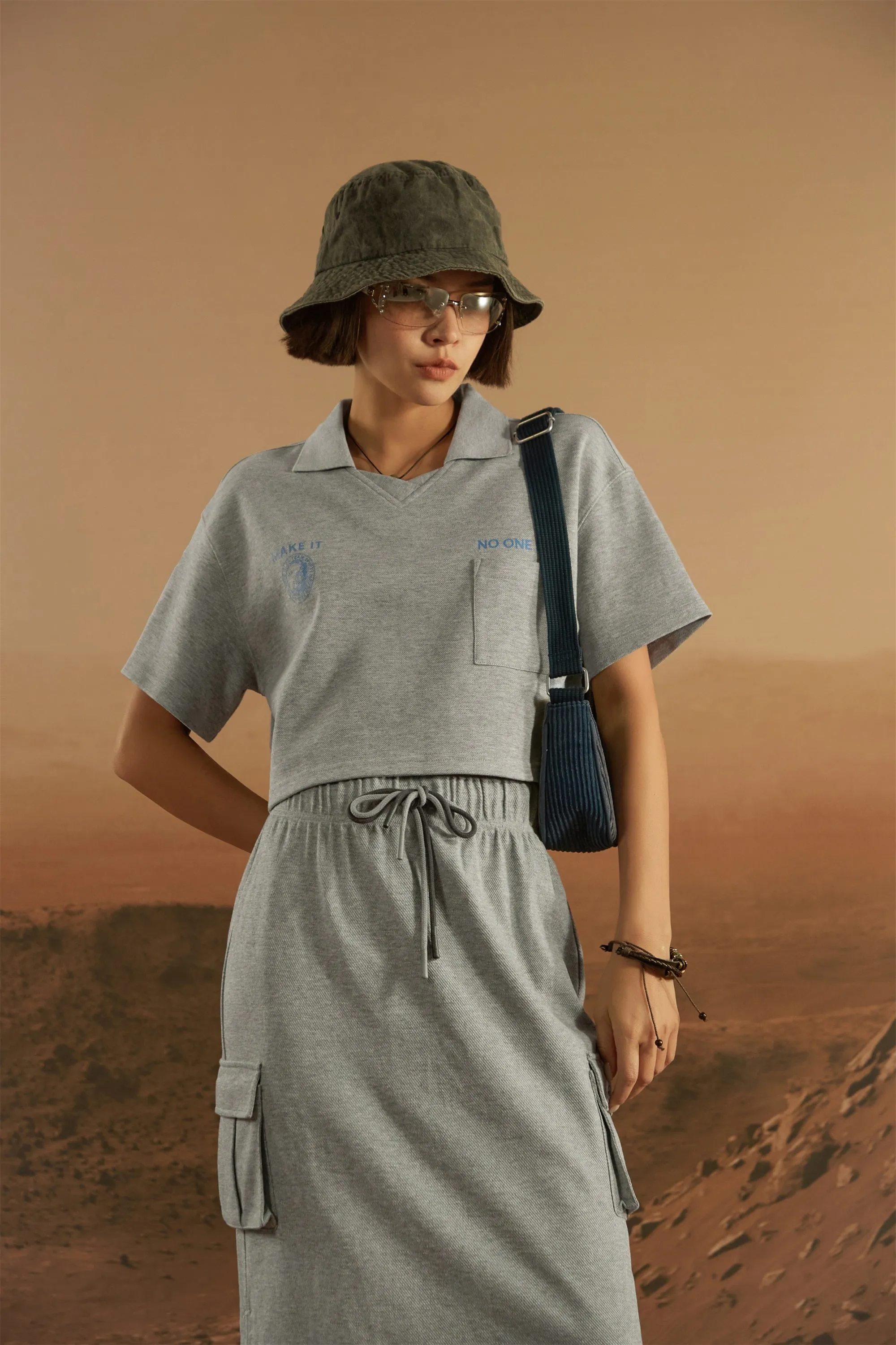 Poplo Neck Crop Short-Sleeves Sweatshirt