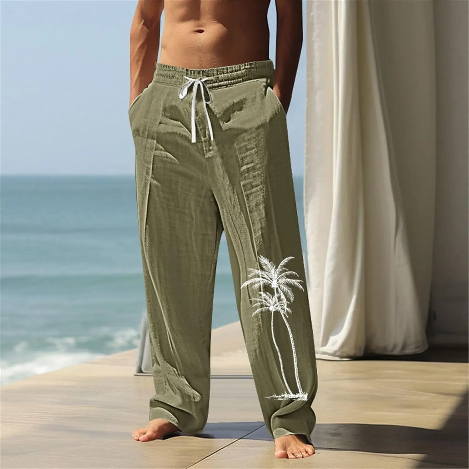 Relaxed Fit Hawaiian Tropical Leaf Pants for Men Lightweight Beach Sweatpants Comfy Lounge Graphic Vacation Drawstring