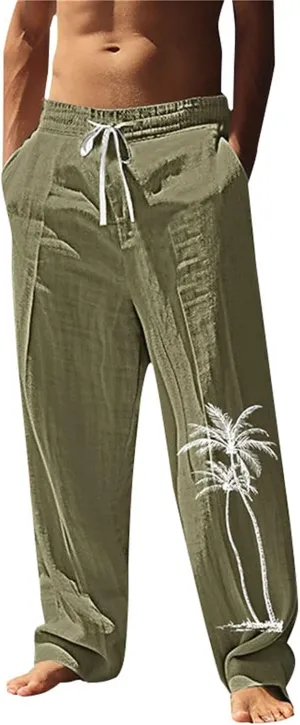 Relaxed Fit Hawaiian Tropical Leaf Pants for Men Lightweight Beach Sweatpants Comfy Lounge Graphic Vacation Drawstring