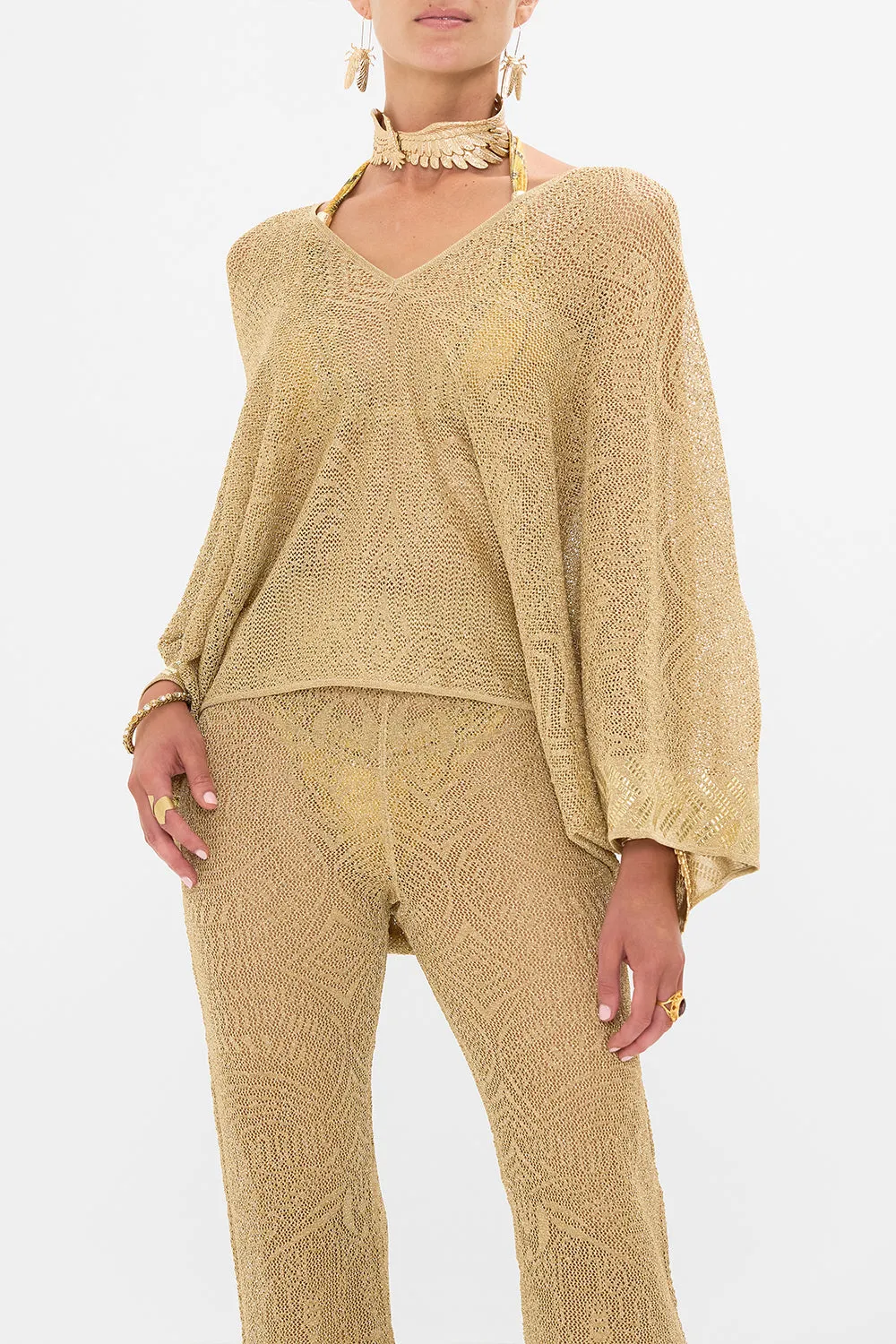 RELAXED V NECK KNIT POINTELLE TOP VALLEY OF THE KINGS