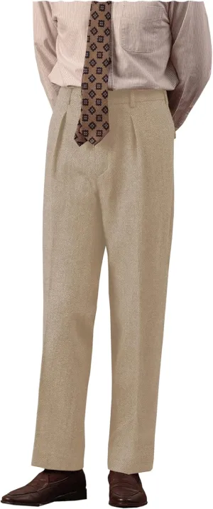 Retro Mens Tweed Suit Pants Herringbone Dress Pants Casual Regular Fit Wool Trousers
