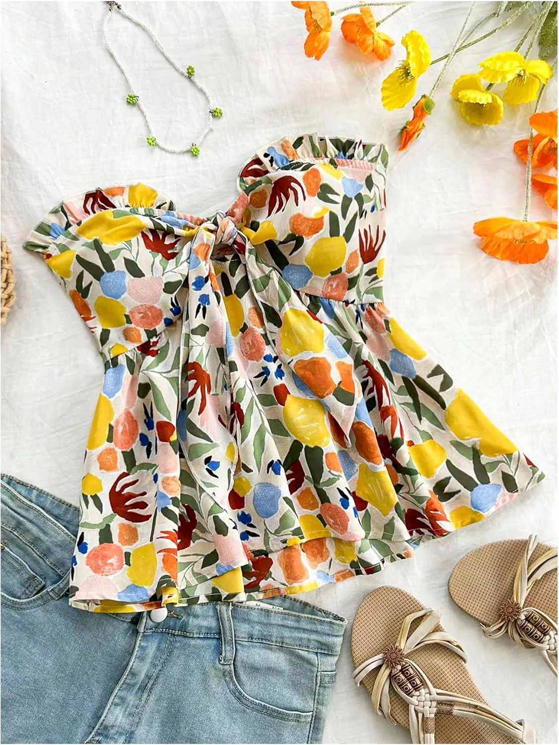 SHENHE Women's Floral Tube Tops Strapless Tie Front Frill Peplum Shirred Boho Summer Bandeau Top