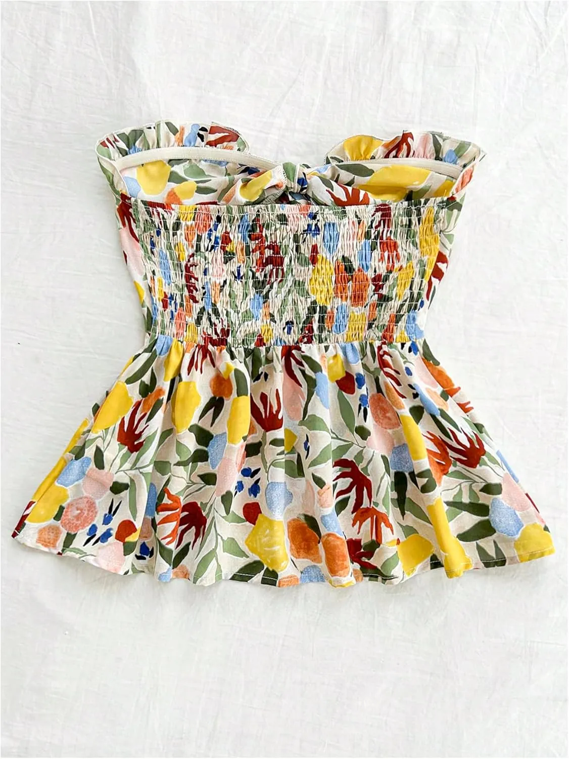 SHENHE Women's Floral Tube Tops Strapless Tie Front Frill Peplum Shirred Boho Summer Bandeau Top