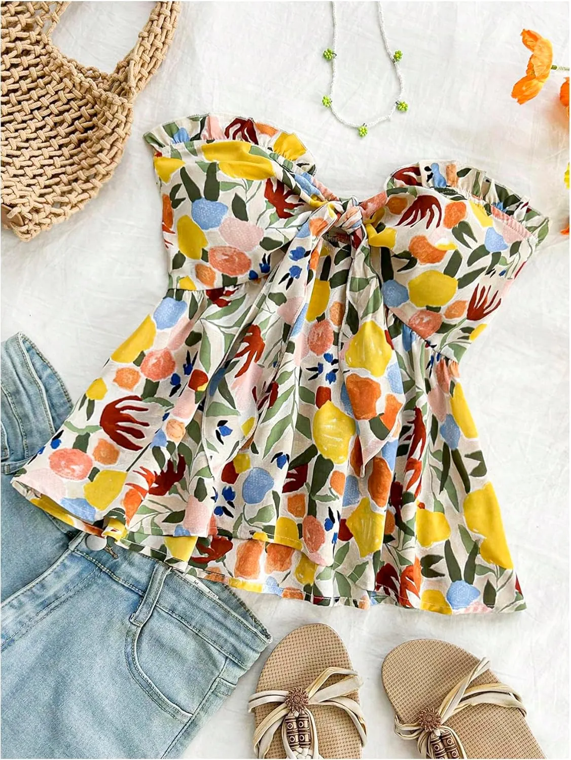 SHENHE Women's Floral Tube Tops Strapless Tie Front Frill Peplum Shirred Boho Summer Bandeau Top