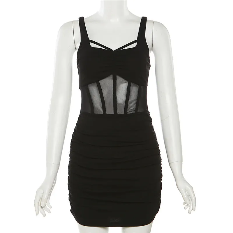 Slim Fit Mesh Herringbone Backless Black Dress