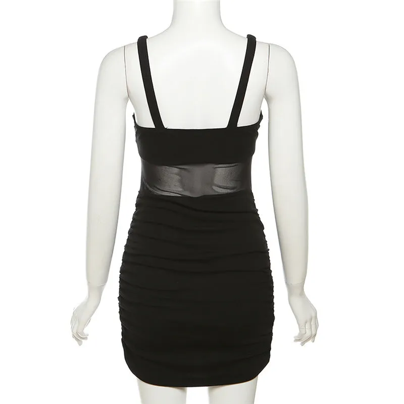 Slim Fit Mesh Herringbone Backless Black Dress