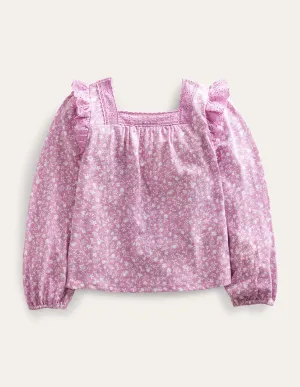 Square Neck Broderie Mix Top-Soft Lavender Floral
