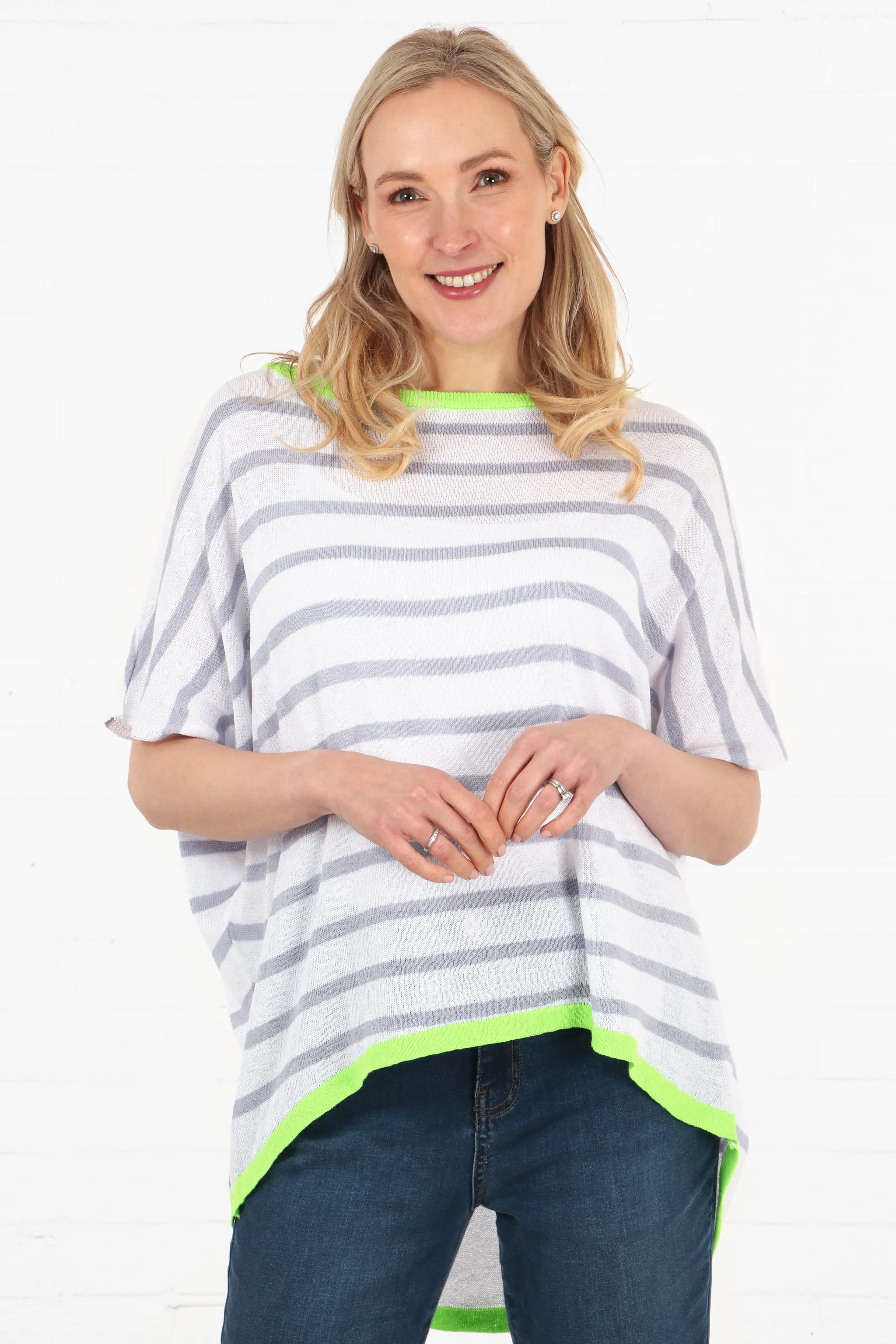 Striped Short Sleeve Cotton Jumper with Contrasting Trim in White Lilac and Lime