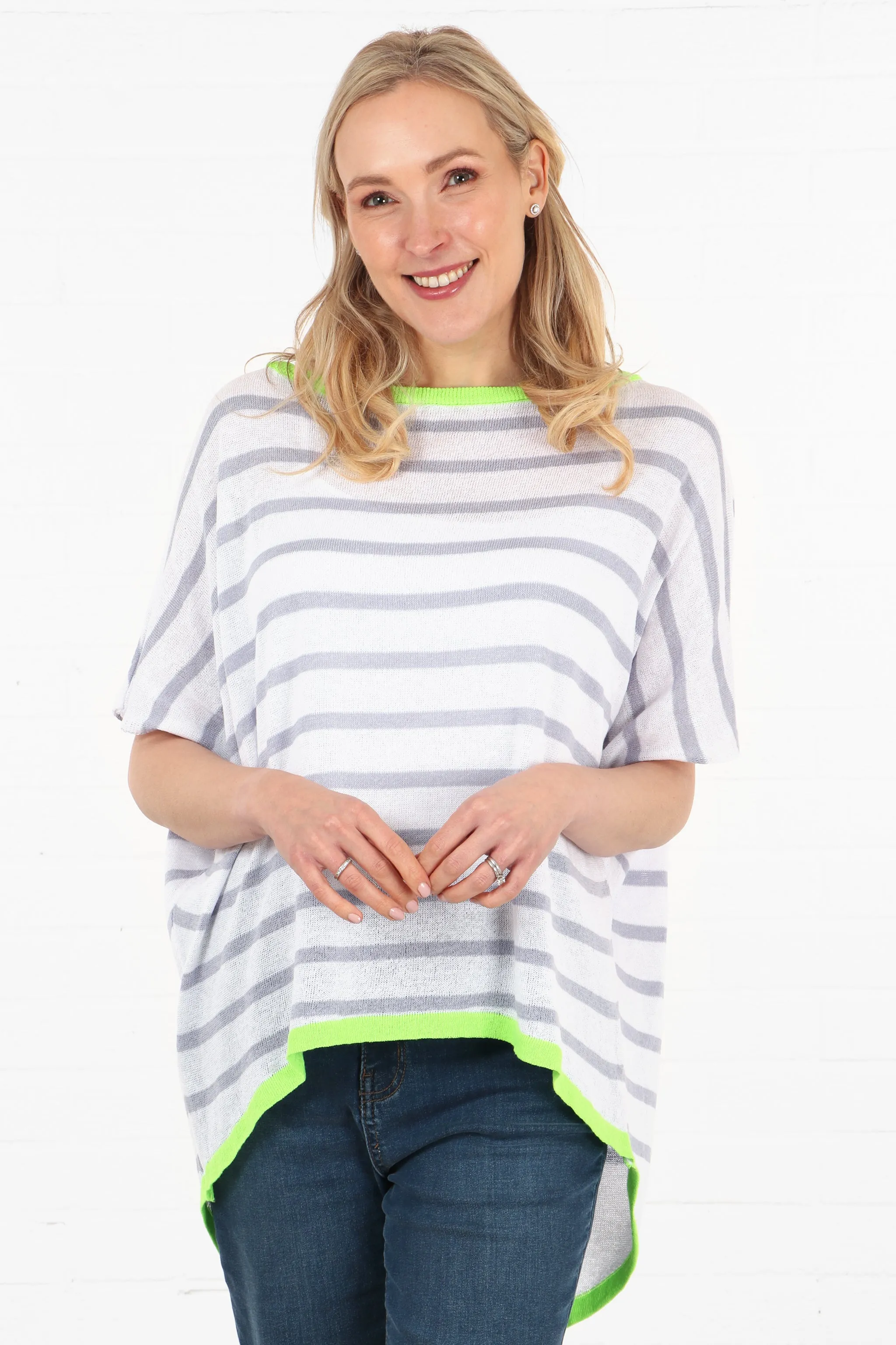Striped Short Sleeve Cotton Jumper with Contrasting Trim in White Lilac and Lime