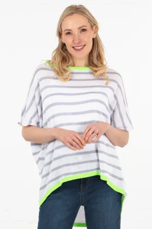 Striped Short Sleeve Cotton Jumper with Contrasting Trim in White Lilac and Lime
