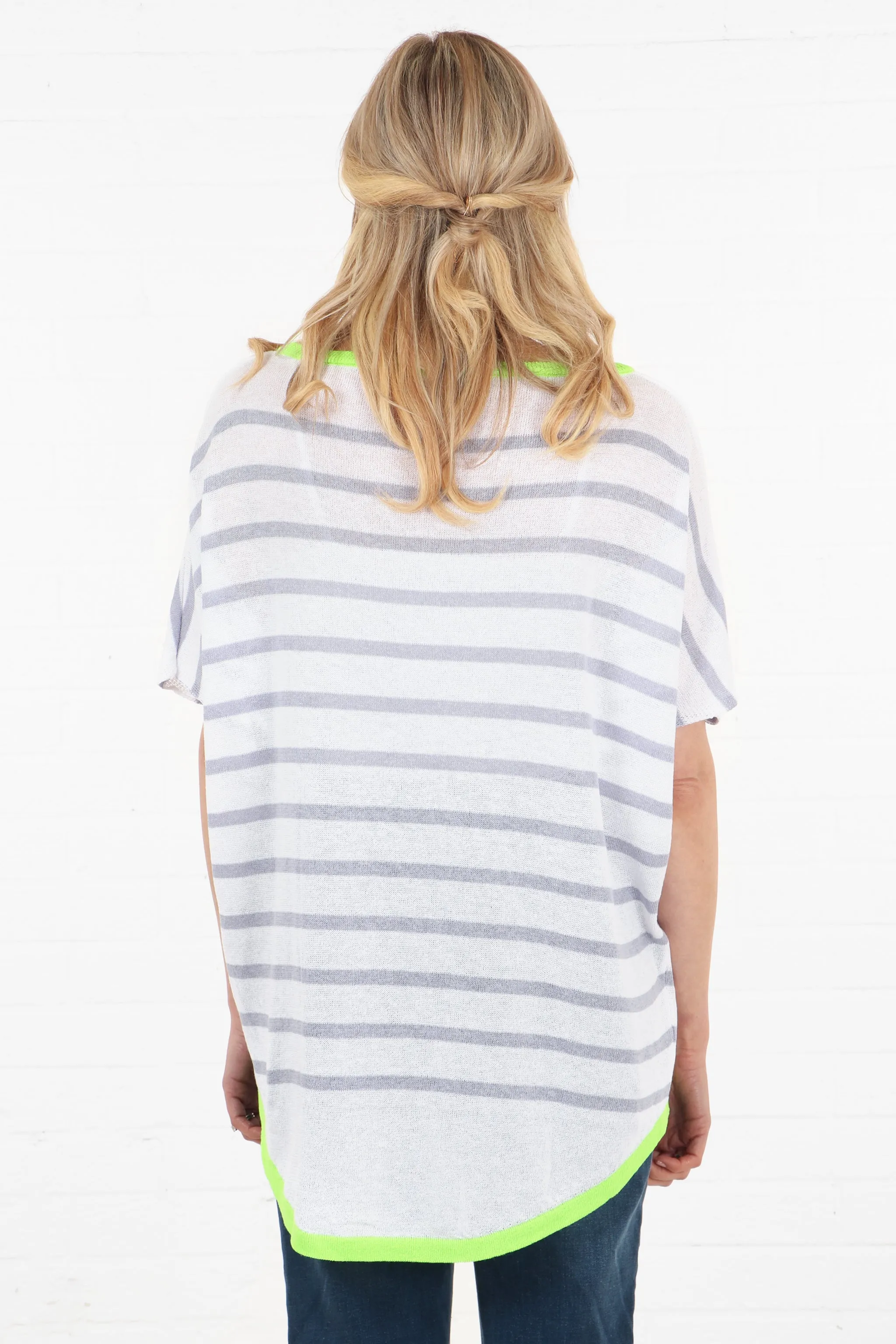 Striped Short Sleeve Cotton Jumper with Contrasting Trim in White Lilac and Lime