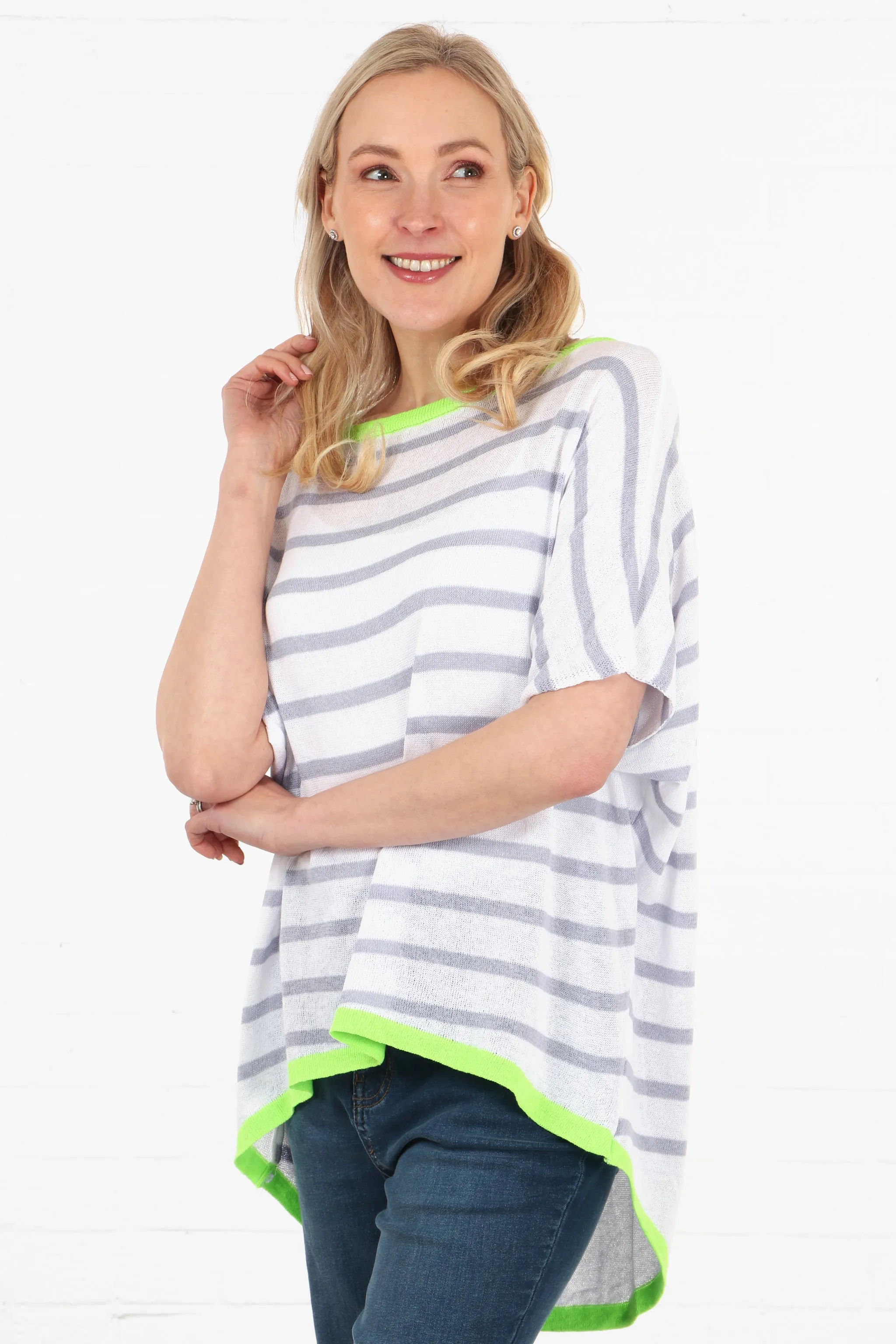 Striped Short Sleeve Cotton Jumper with Contrasting Trim in White Lilac and Lime