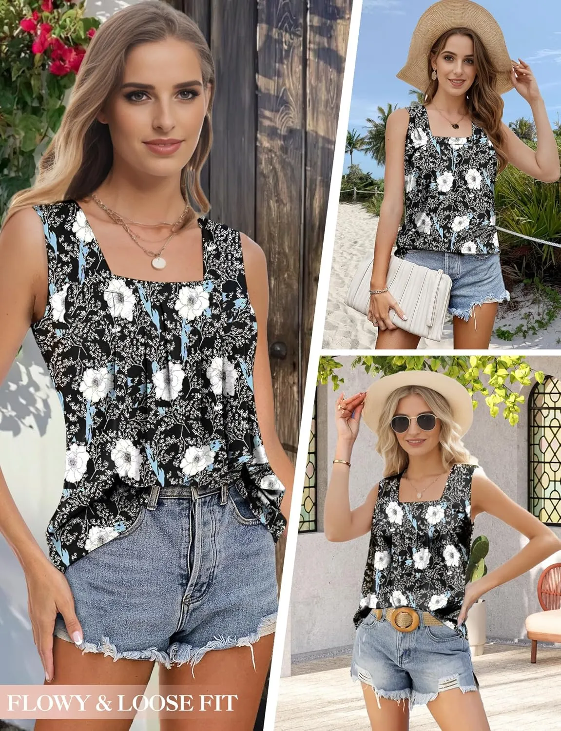 Summer Tank Tops for Women Loose Fit Pleated Square Neck Sleeveless Tops Flowy Blouse Short Sleeve Tops Basic Shirts