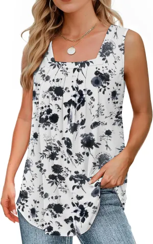 Summer Tank Tops for Women Loose Fit Pleated Square Neck Sleeveless Tops Flowy Blouse Short Sleeve Tops Basic Shirts