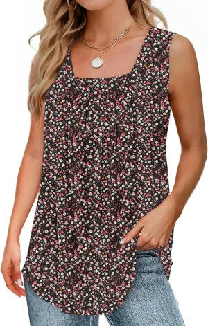 Summer Tank Tops for Women Loose Fit Pleated Square Neck Sleeveless Tops Flowy Blouse Short Sleeve Tops Basic Shirts