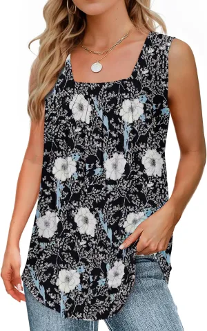 Summer Tank Tops for Women Loose Fit Pleated Square Neck Sleeveless Tops Flowy Blouse Short Sleeve Tops Basic Shirts