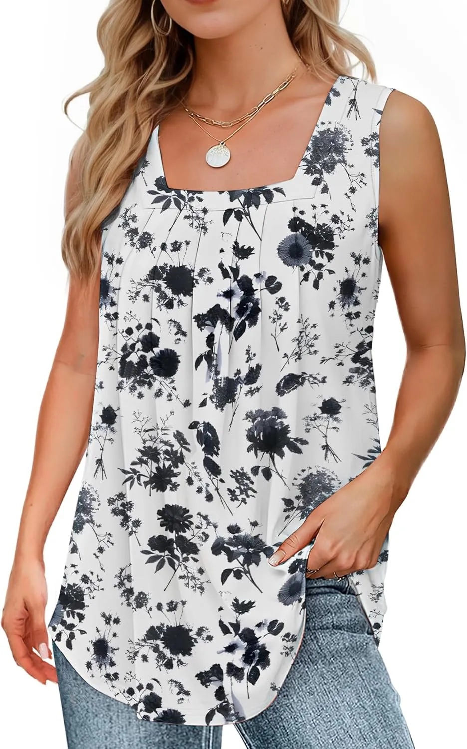 Summer Tank Tops for Women Loose Fit Pleated Square Neck Sleeveless Tops Flowy Blouse Short Sleeve Tops Basic Shirts