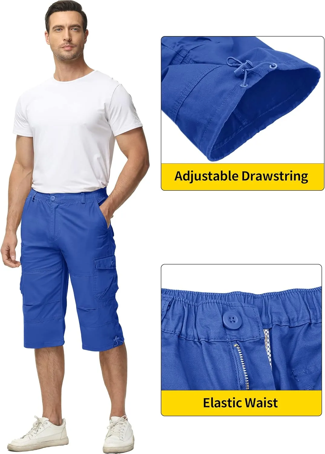 TACVASEN Men's Capri Pants with 7 Pockets Cargo Shorts Twill Elastic Below Knee 3/4 Capri Long Shorts