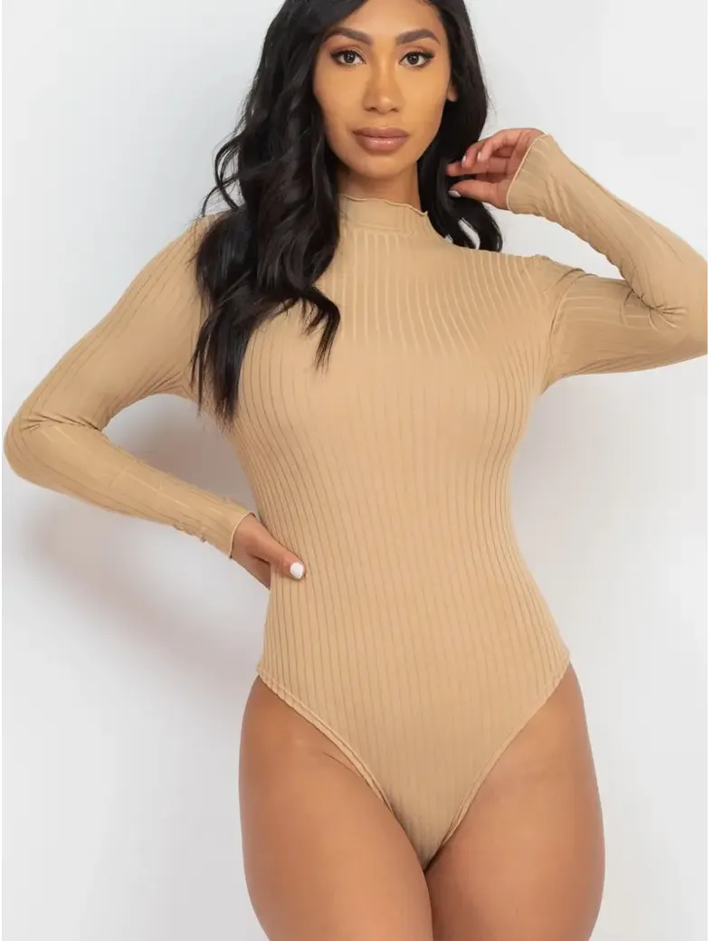 Tan Ribbed Mock Neck Bodysuit