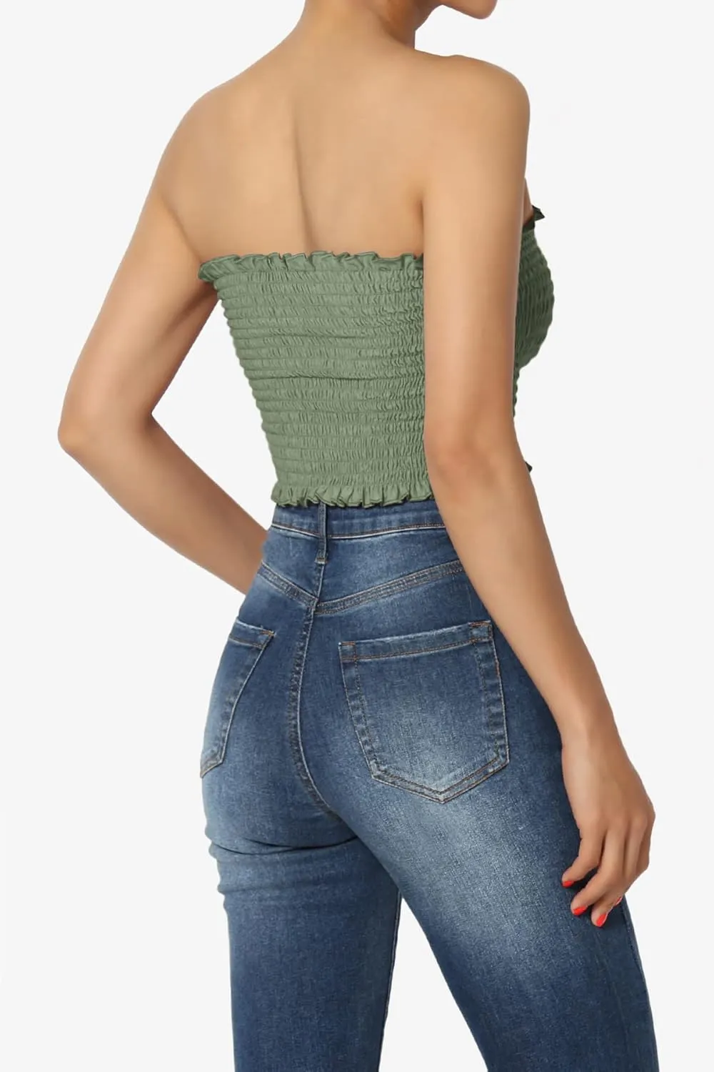 TheMogan Strapless Smocked Crop Tube Top Frill Shirred Stretch Bustier Bandeau