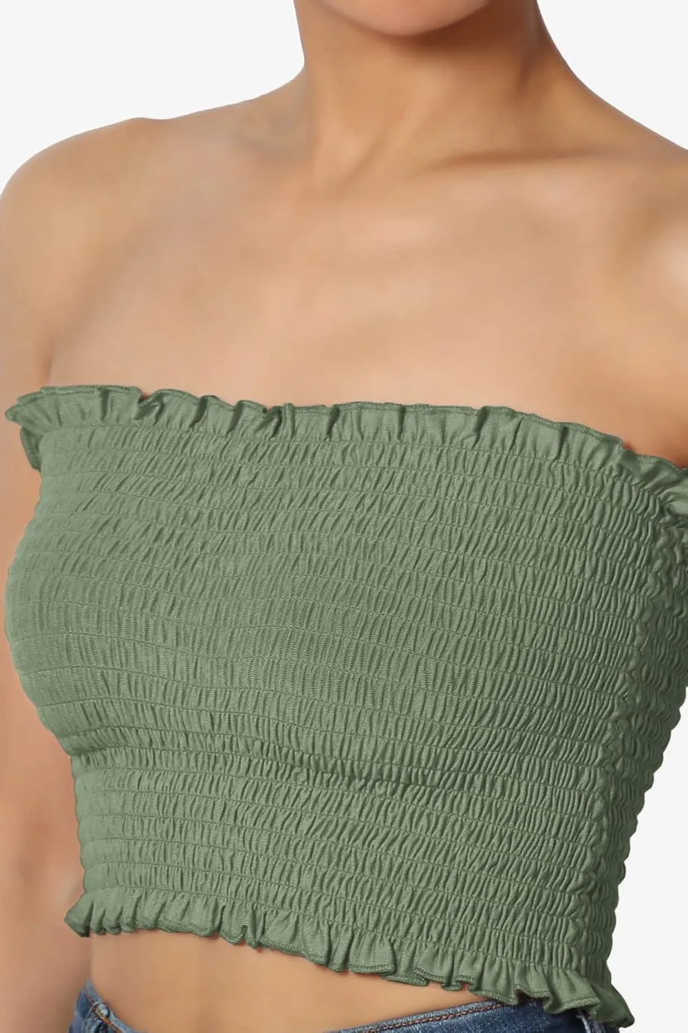 TheMogan Strapless Smocked Crop Tube Top Frill Shirred Stretch Bustier Bandeau