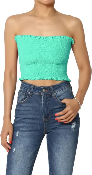 TheMogan Strapless Smocked Crop Tube Top Frill Shirred Stretch Bustier Bandeau
