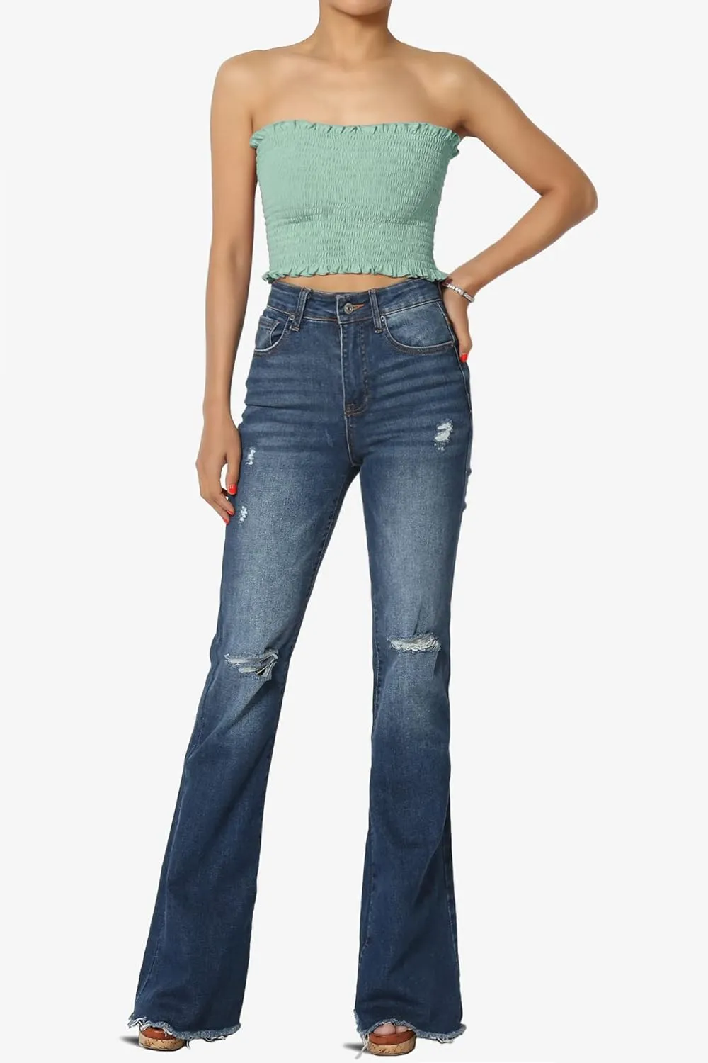 TheMogan Strapless Smocked Crop Tube Top Frill Shirred Stretch Bustier Bandeau