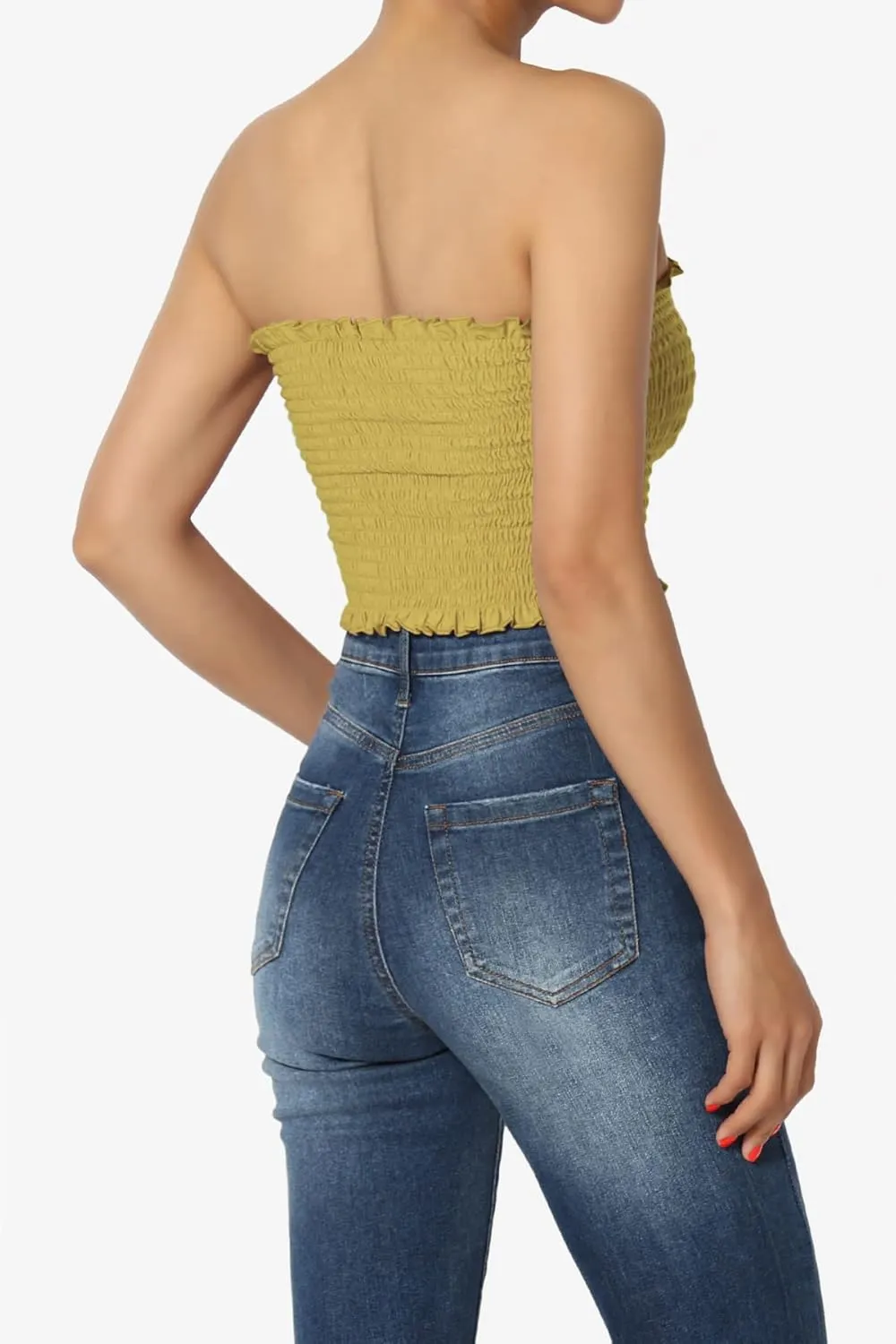TheMogan Strapless Smocked Crop Tube Top Frill Shirred Stretch Bustier Bandeau