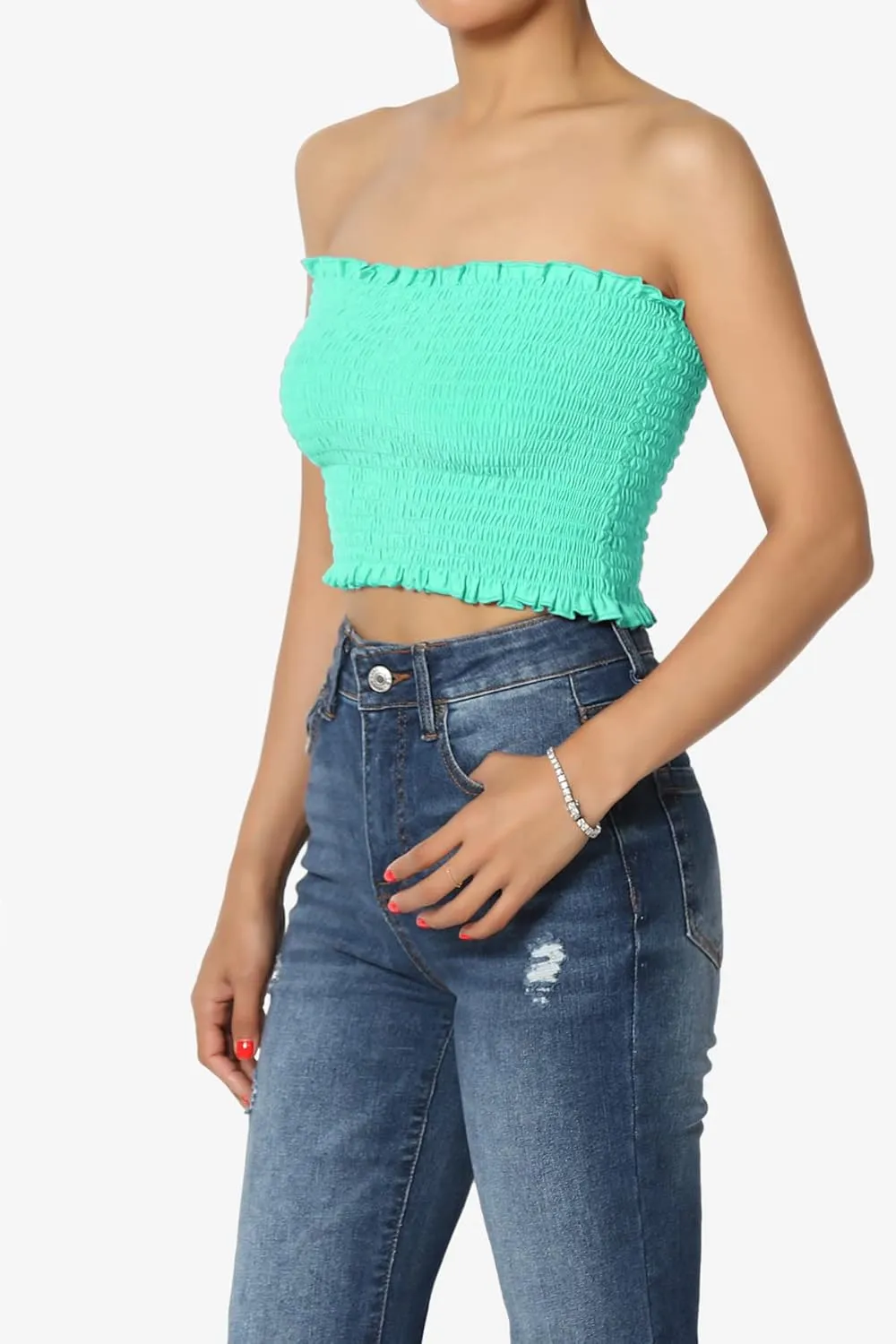TheMogan Strapless Smocked Crop Tube Top Frill Shirred Stretch Bustier Bandeau